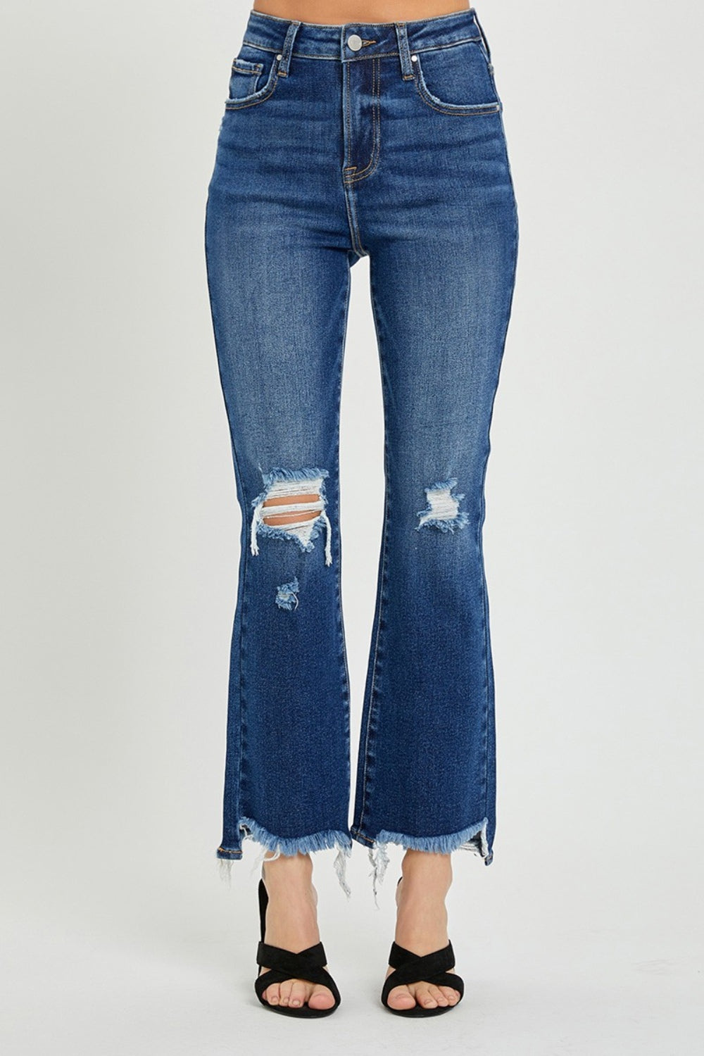 RISEN High Rise Distressed Crop Flare Jeans Dark