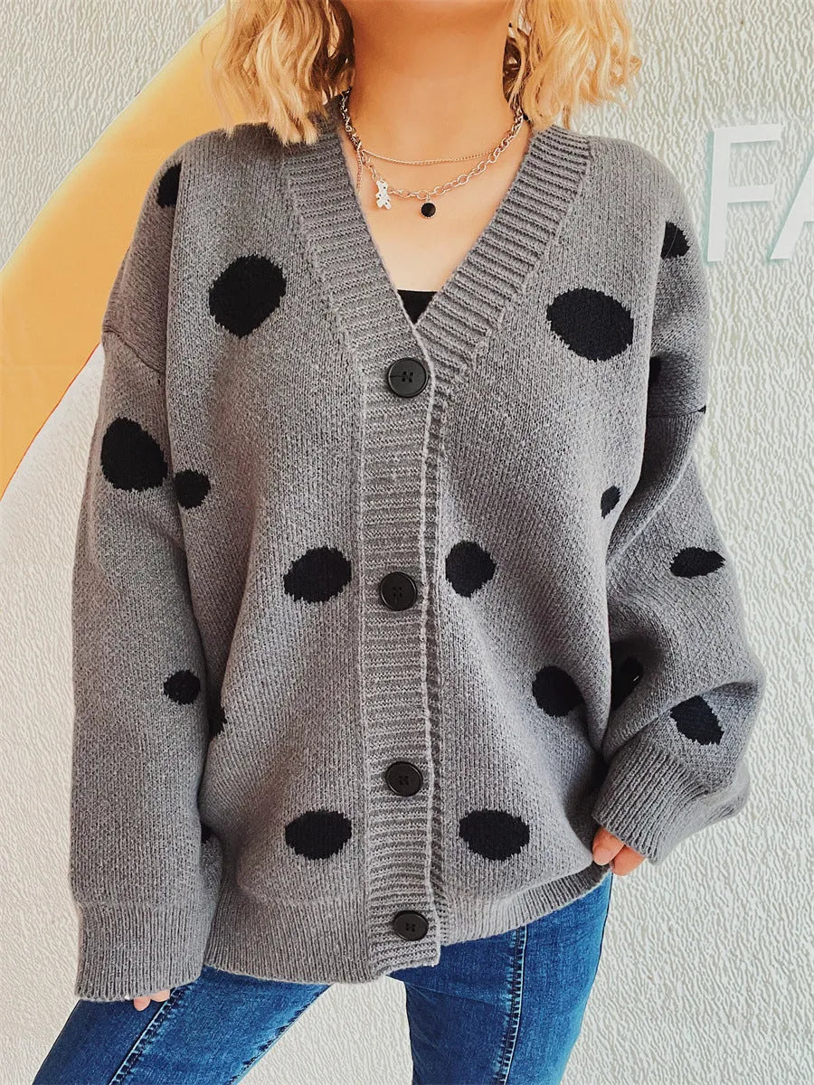 Polka Dot Button Up Cardigan Dark Gray One Size