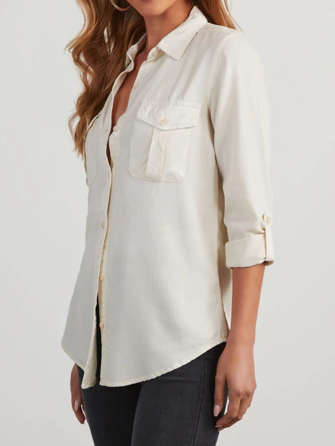 Collared Neck Roll-Tab Sleeve Denim Top White