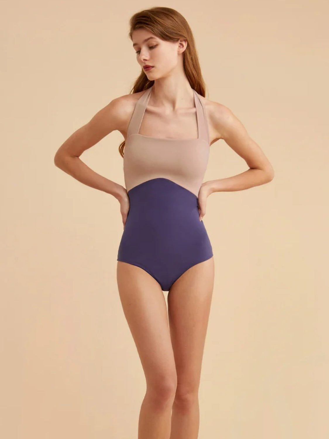 Contrast Halter Neck One-Piece Swimwear Violet