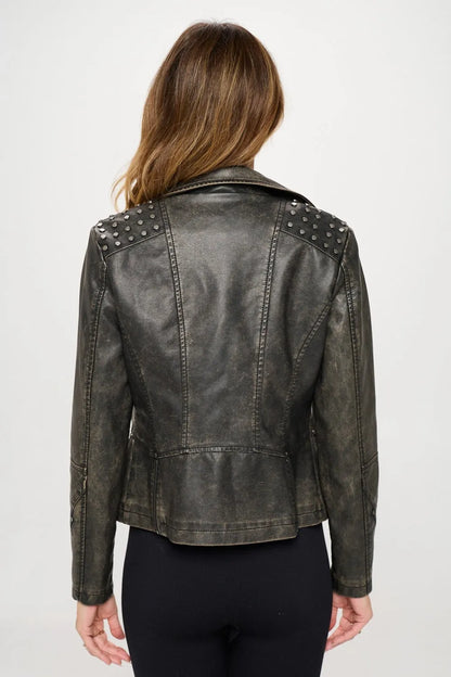 Coalition LA Studded Classic Moto Faux Leather Jacket Brown