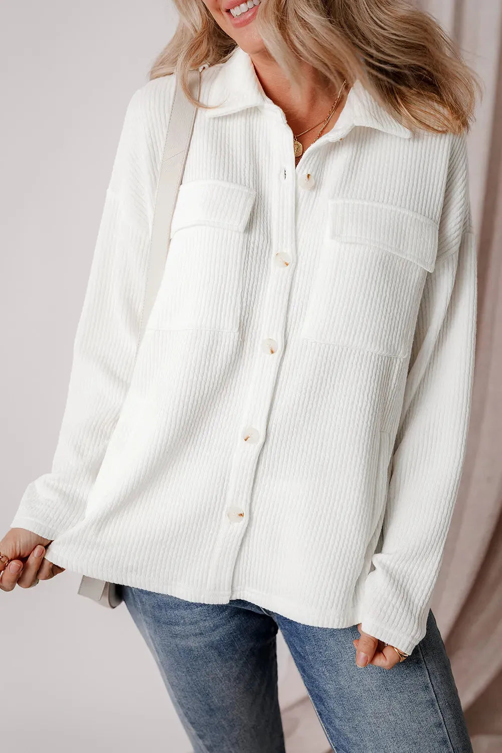 Button Up Long Sleeve Shacket White