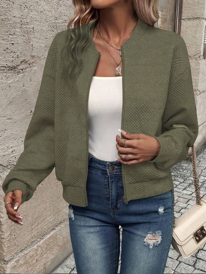 Textured Zip Up Long Sleeve Jacket Army Green