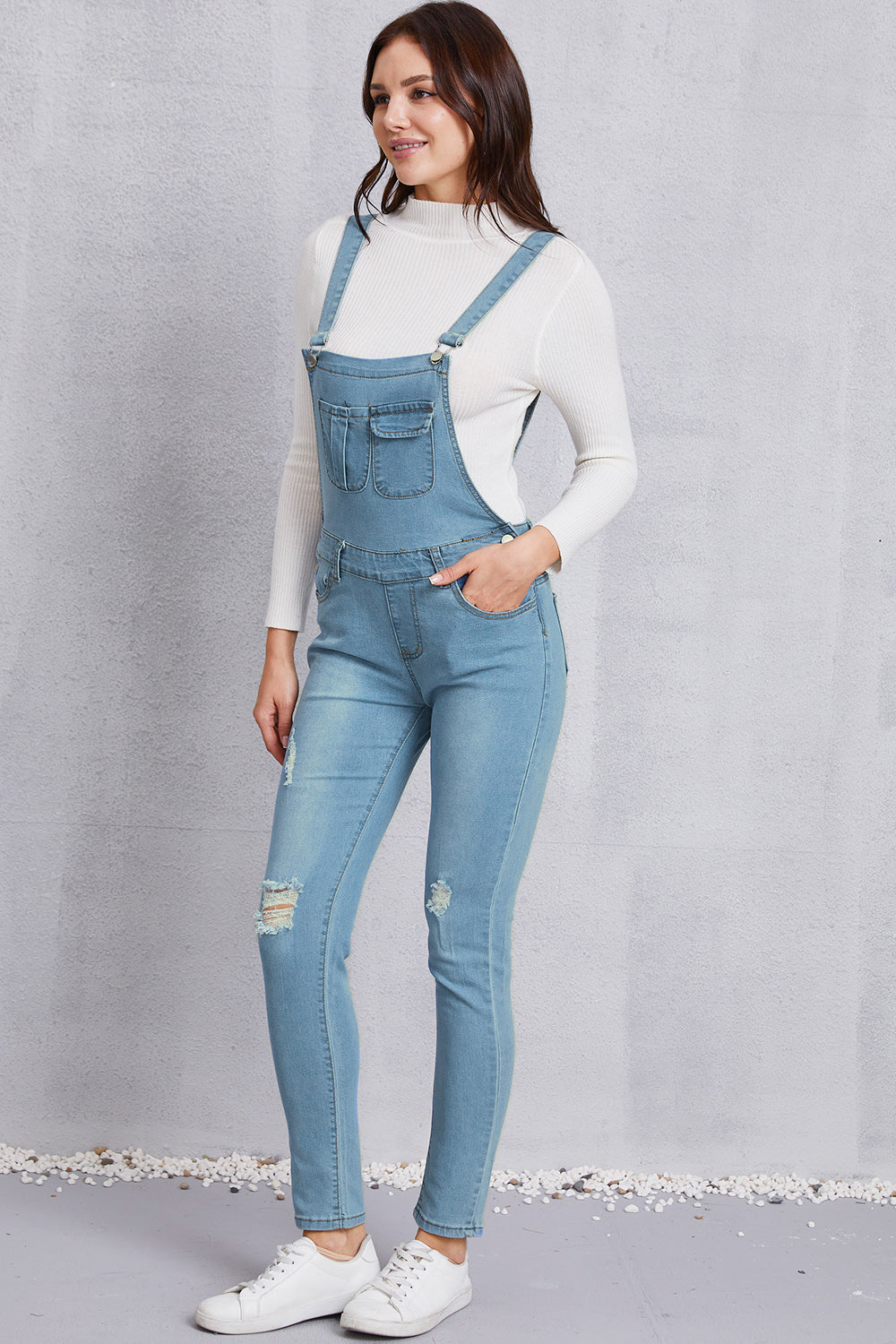 Distressed Washed Denim Overalls with Pockets Light