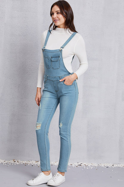 Distressed Washed Denim Overalls with Pockets Light