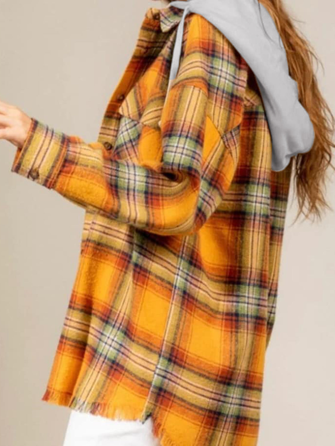 Raw Hem Plaid Long Sleeve Hooded Jacket Gold