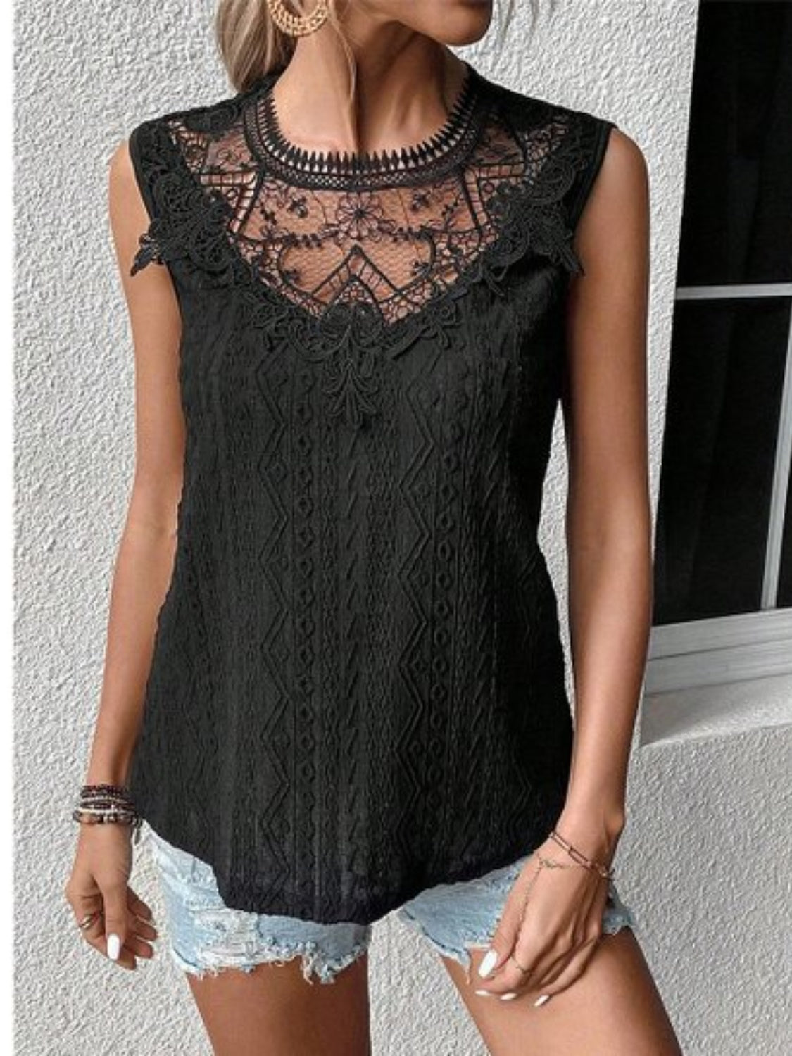 Lace Eyelet Sleeveless Top Black