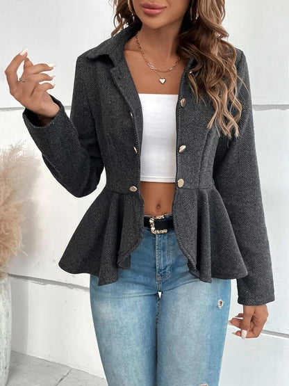 Ruffle Hem Collared Blazer Dark Gray