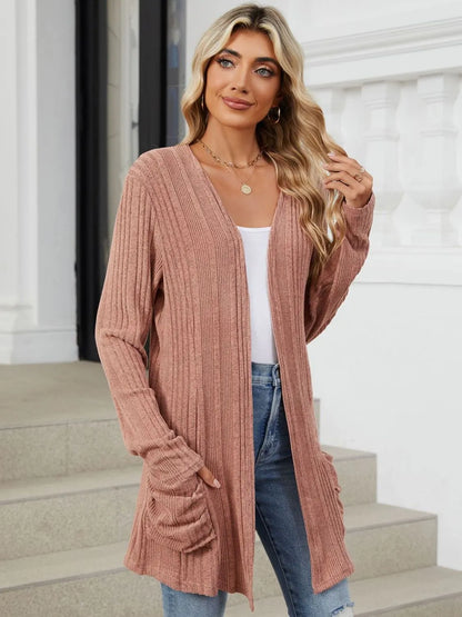 Pocketed Open Front Long Sleeve Cardigan