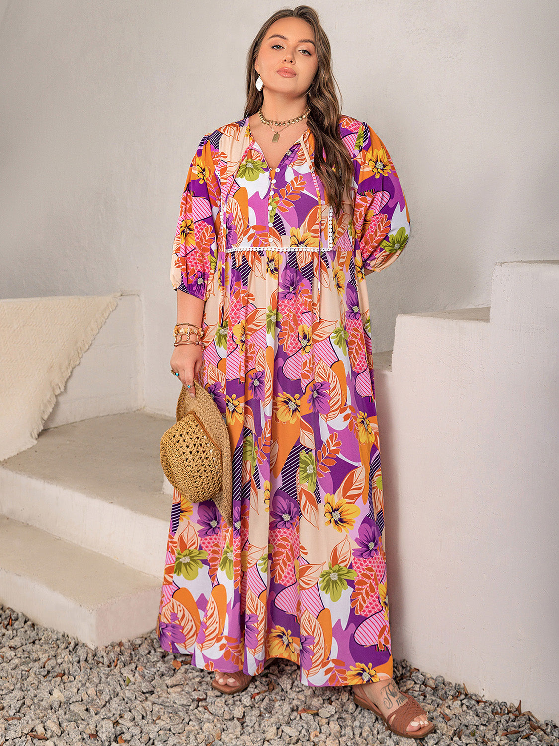 Plus Size Printed Tie Neck Maxi Dress Multicolor