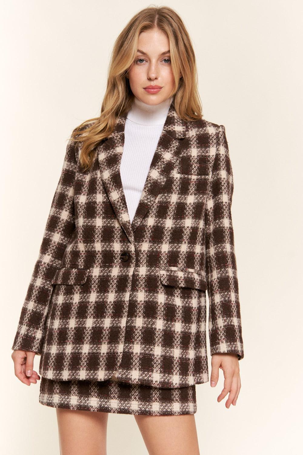 And The Why Full Size Plaid Brushed One Button Blazer Brown