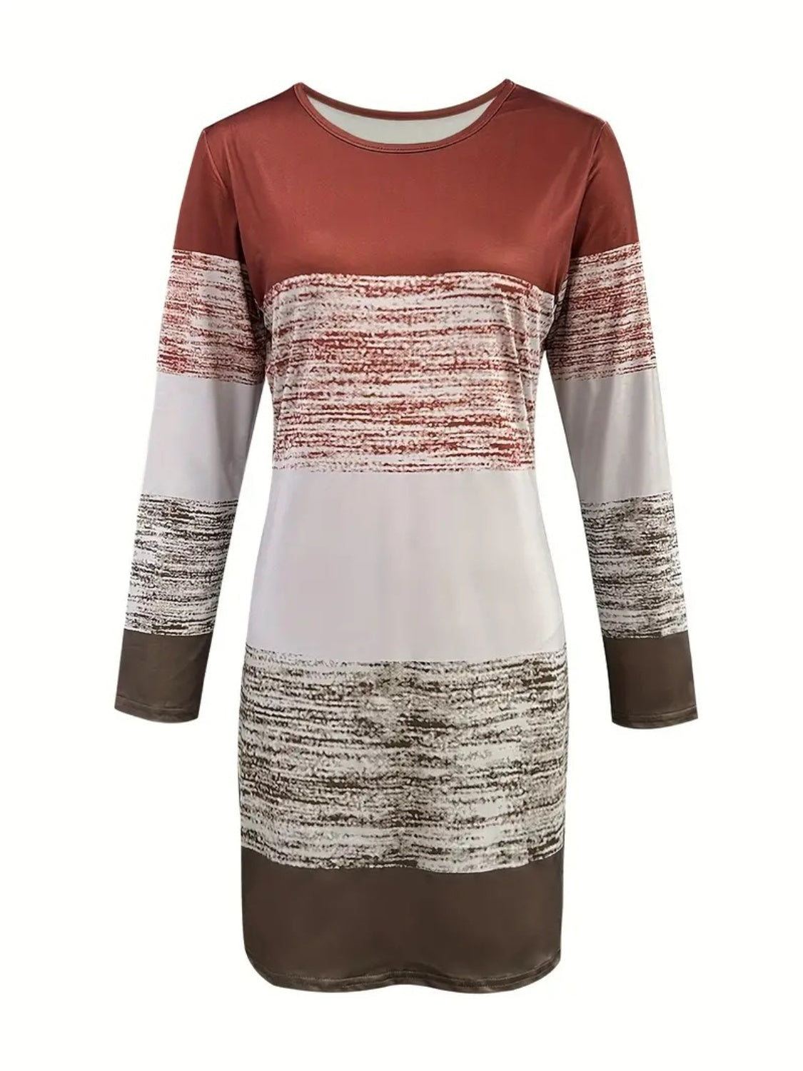 Color Block Round Neck Long Sleeve Dress Brown