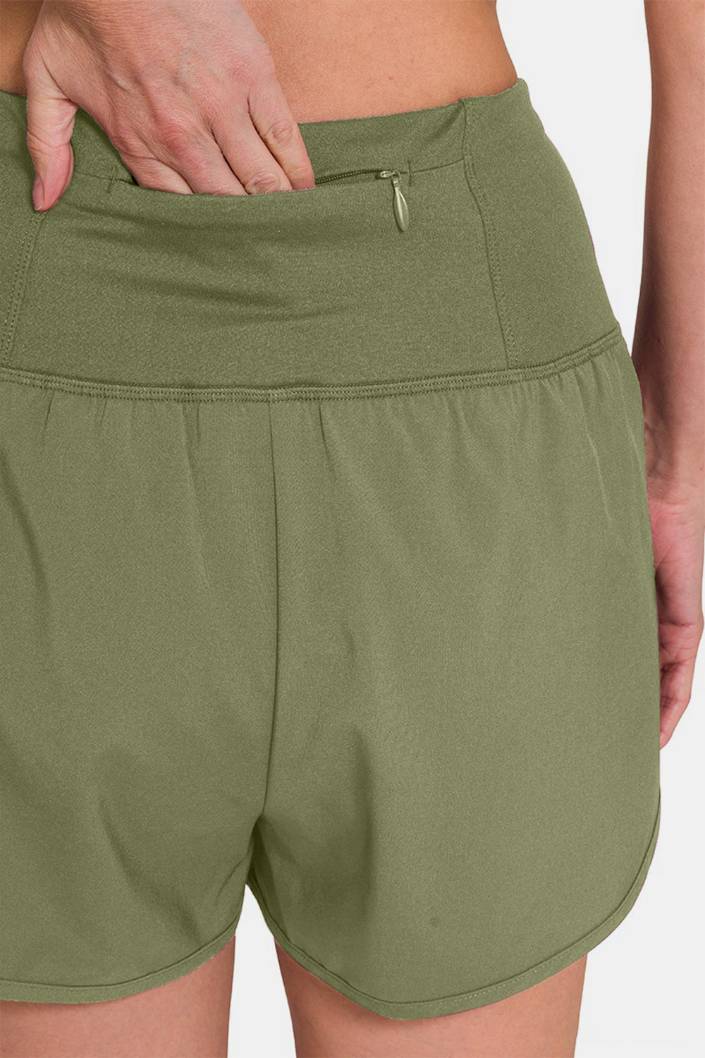 Zenana High-Waisted Zippered Back Pocket Active Shorts Lt Olive