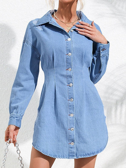 Distressed Button Up Long Sleeve Denim Dress Light