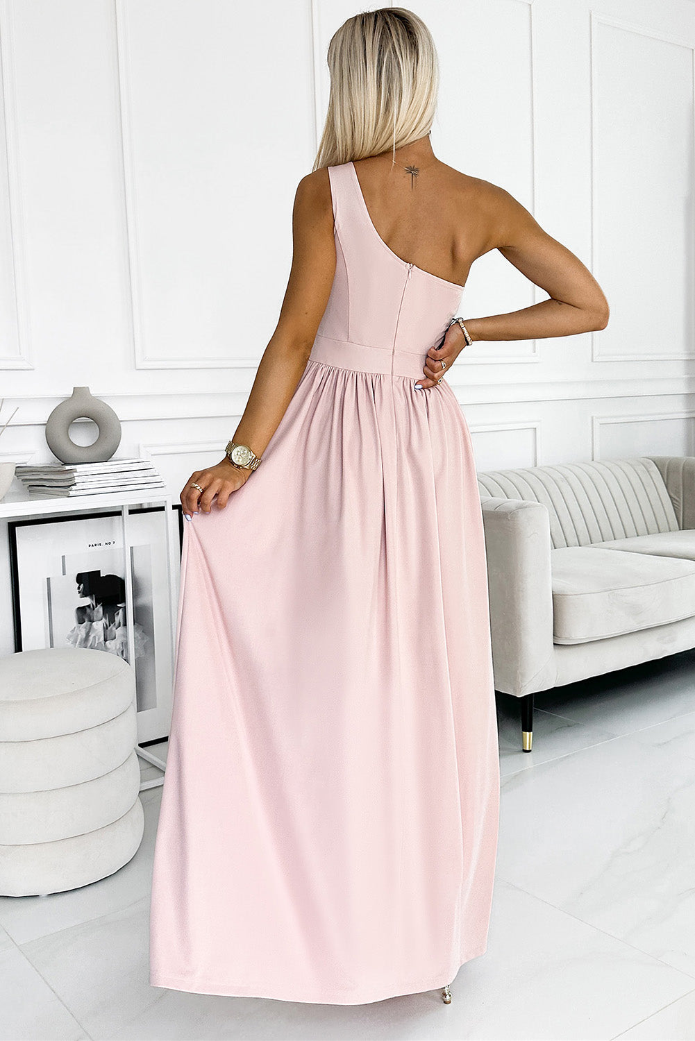 One-Shoulder Slit Maxi Dress Blush Pink