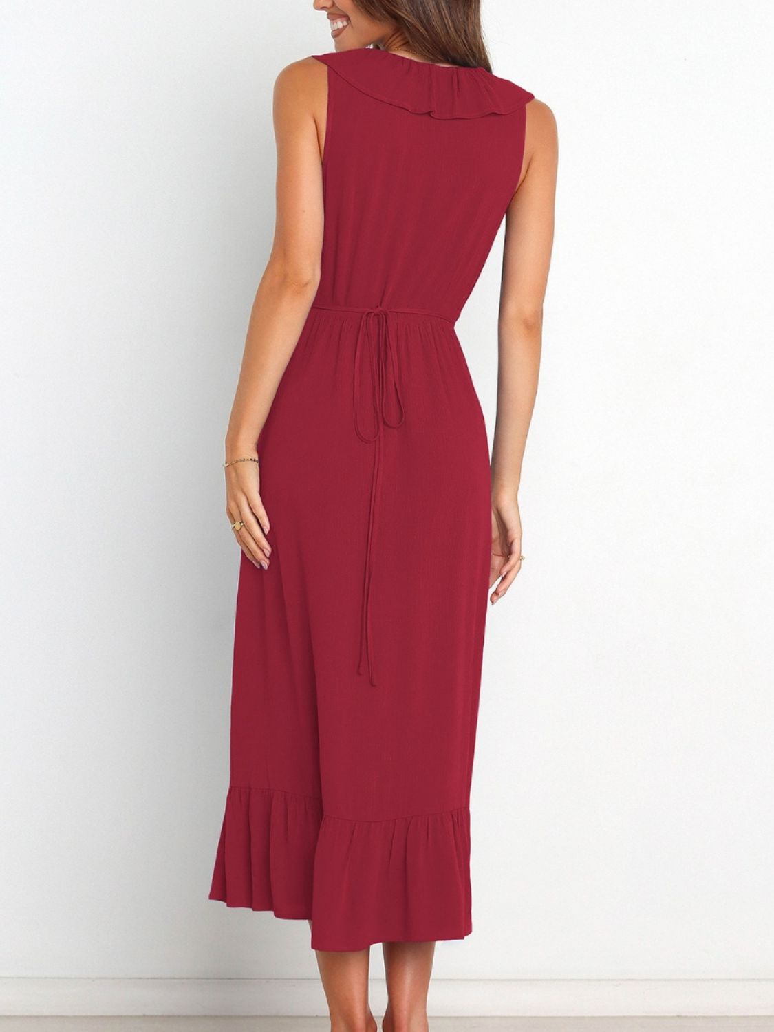 Ruffled Surplice Sleeveless Midi Dress Burgundy