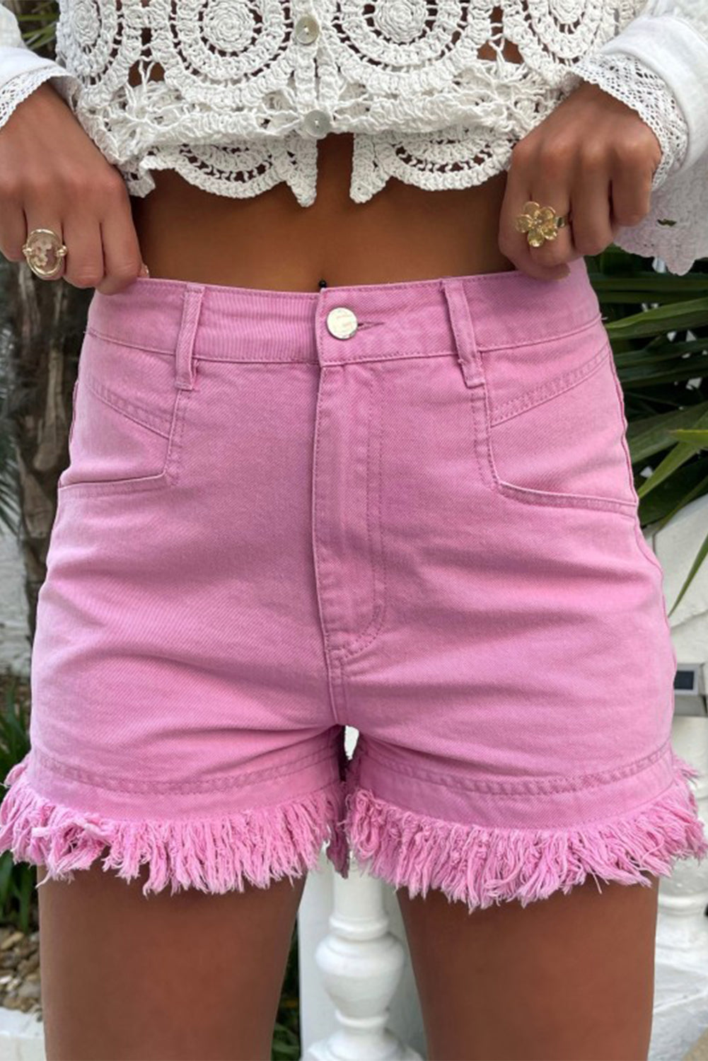 Raw Hem High Waist Denim Shorts Pink