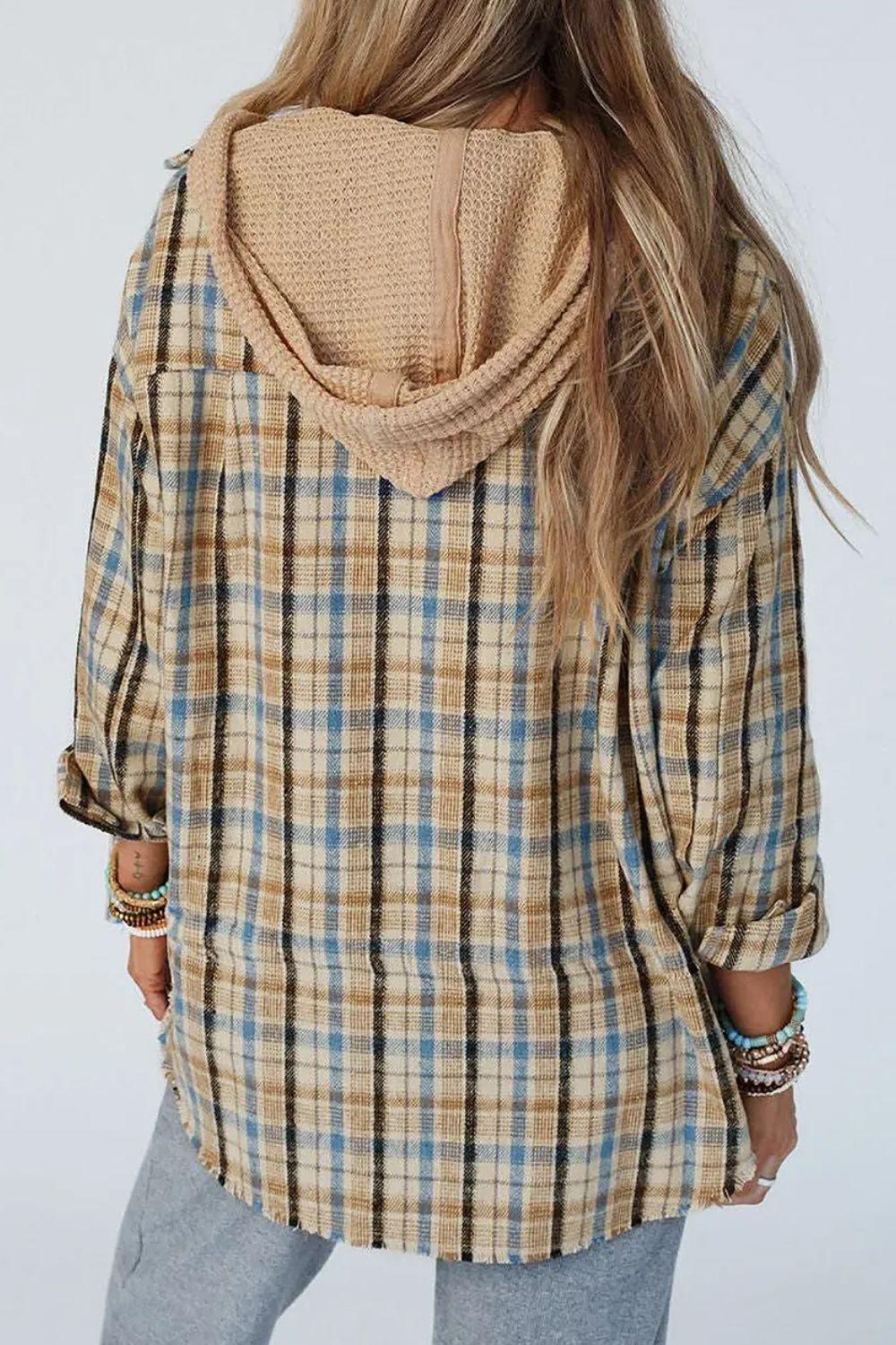 Drawstring Plaid Button Up Hooded Shacket Plaid