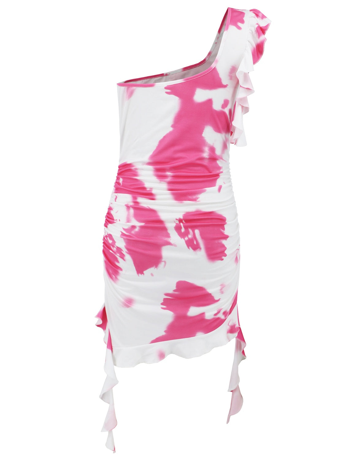 Ruffled Tie-Dye Single Shoulder Mini Dress Pink