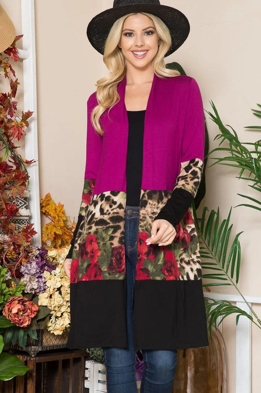 Celeste Full Size Color Block Open Front Cardigan Magenta