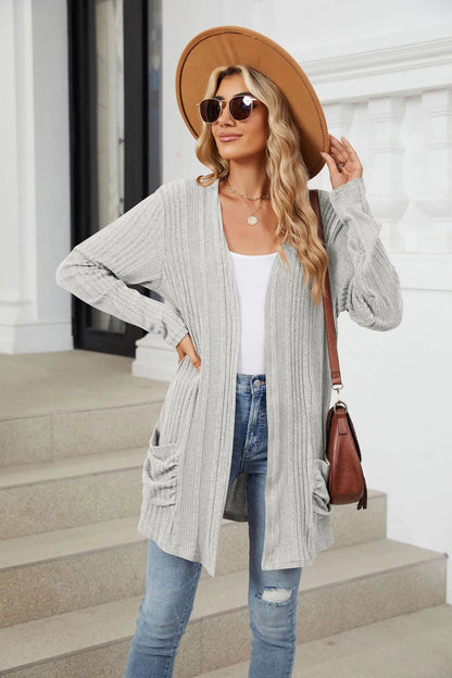 Pocketed Open Front Long Sleeve Cardigan Light Gray