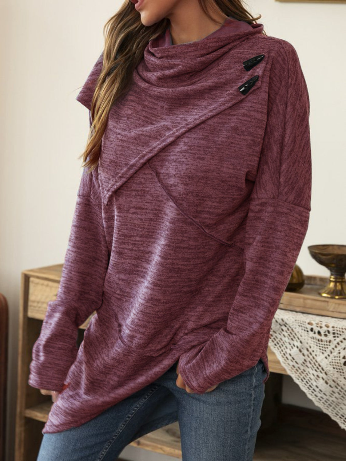 Asymmetrical Hem Cowl Neck Long Sleeve T-Shirt Deep Purple