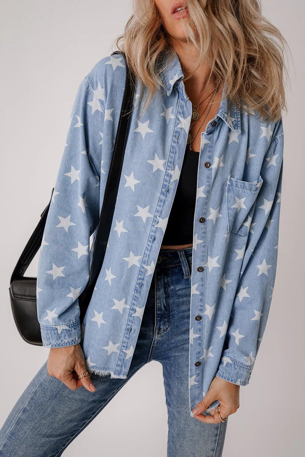 Star Button Up Long Sleeve Denim Jacket Light