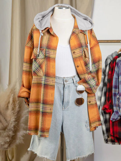 Raw Hem Plaid Long Sleeve Hooded Jacket Gold