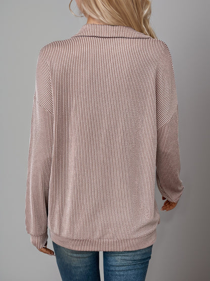 Double Take Striped Half Zip Long Sleeve T-Shirt Taupe