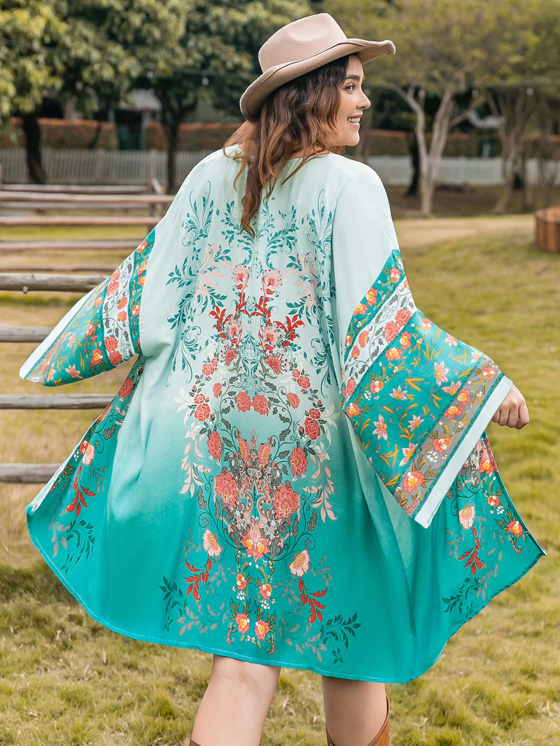 Plus Size Printed Open Front Long Sleeve Cover Up Turquoise