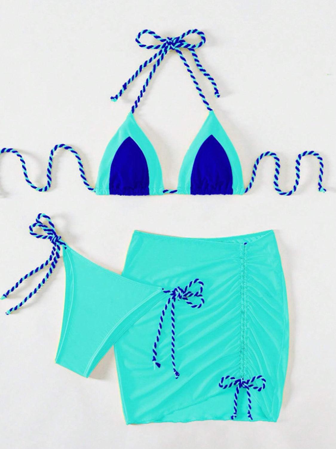 Contrast Tied Three-Piece Swim Set Aqua