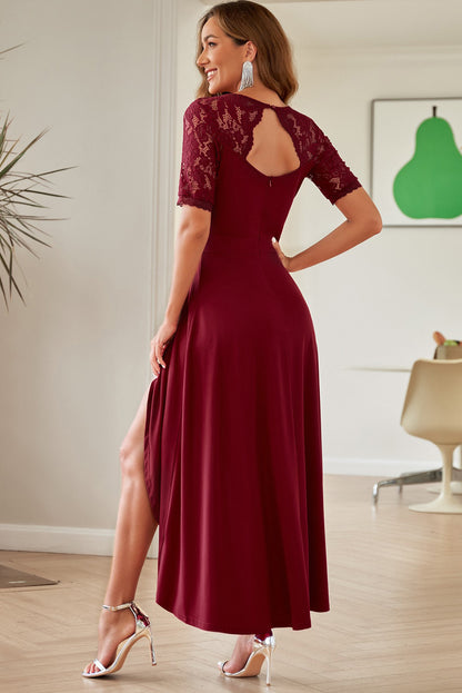 Lace Cutout V-Neck Short Sleeve Dress Burgundy