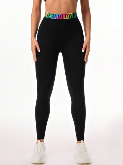 Letter Printed High Waist Active Leggings Black