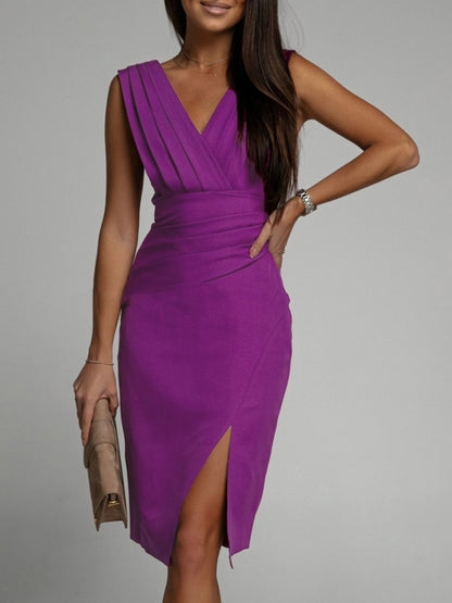 Slit Ruched Surplice Tank Dress Red-Violet