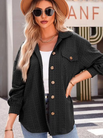 Textured Button Up Long Sleeve Shacket Black