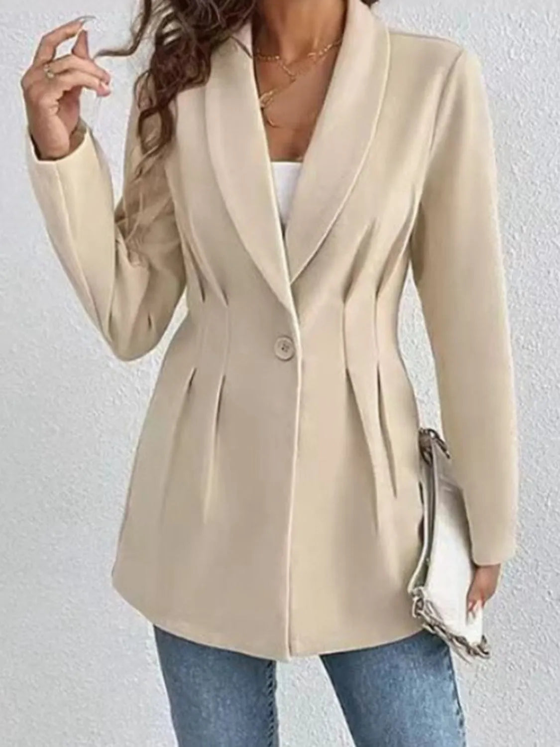 One Button Long Sleeve Blazer Khaki