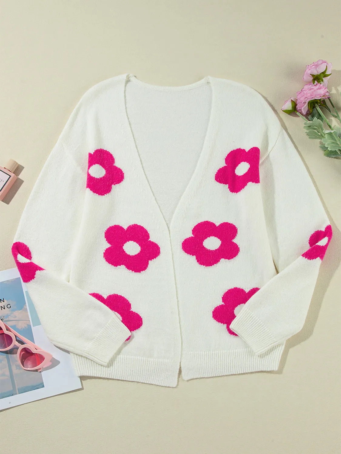 Flower Open Front Long Sleeve Cardigan White