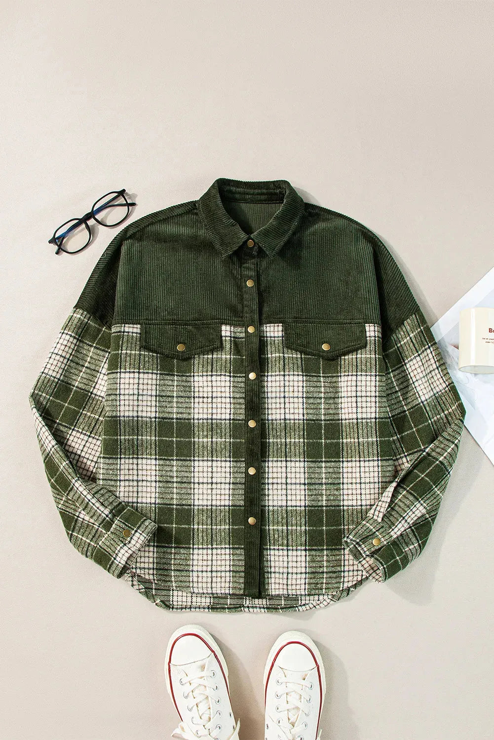 Plaid Button Up Long Sleeve Jacket Dark Green