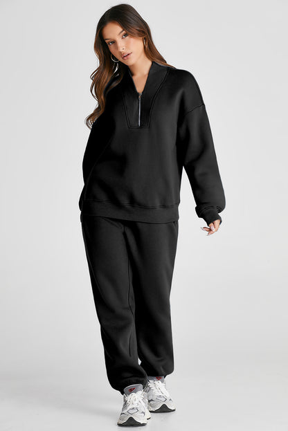 Quarter Zip Long Sleeve Top and Pants Set Black