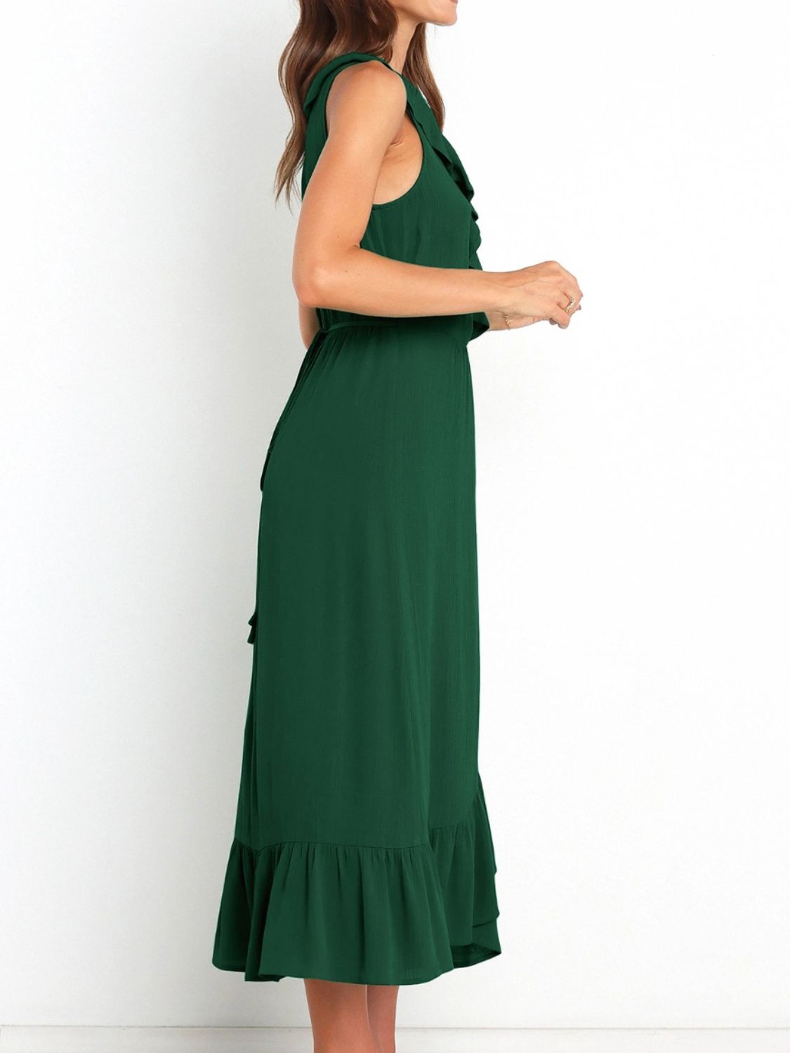 Ruffled Surplice Sleeveless Midi Dress Dark Green