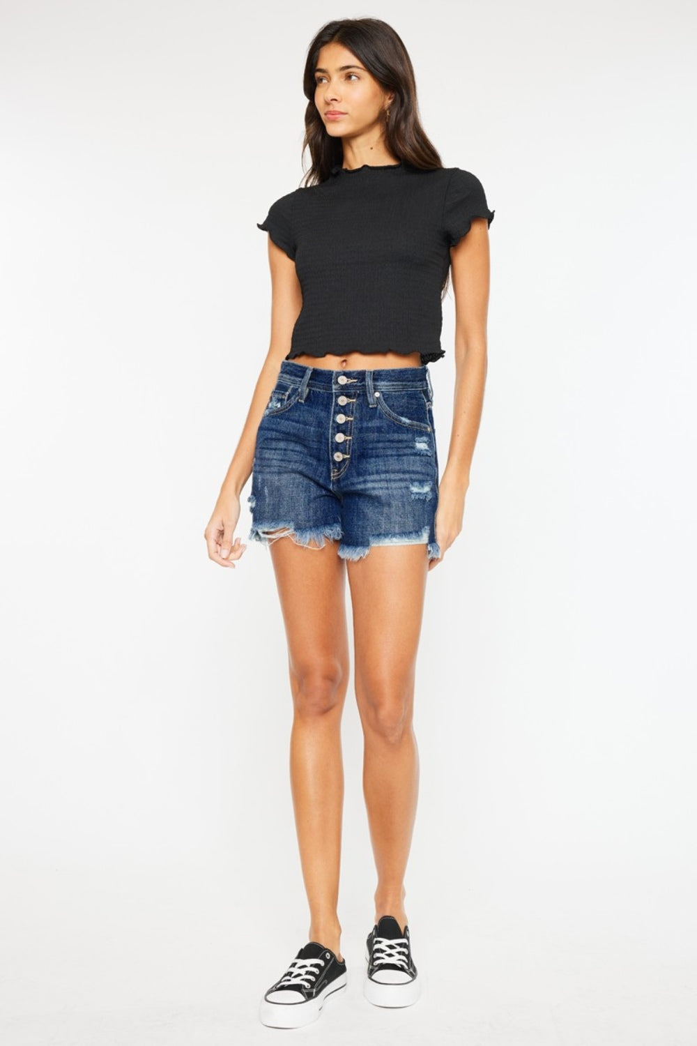 Kancan Raw Hem Button-Fly Denim Shorts Dark