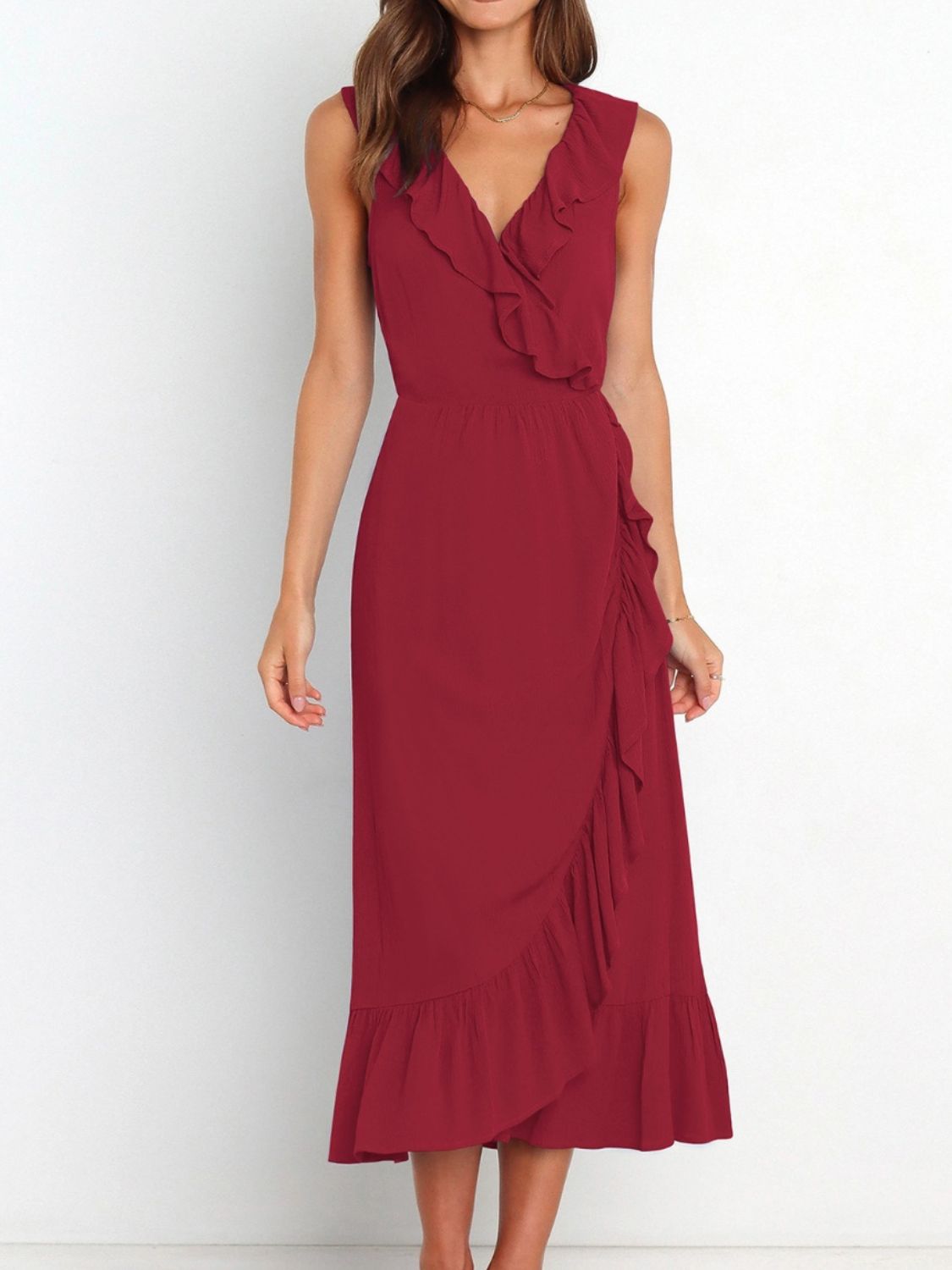 Ruffled Surplice Sleeveless Midi Dress Burgundy