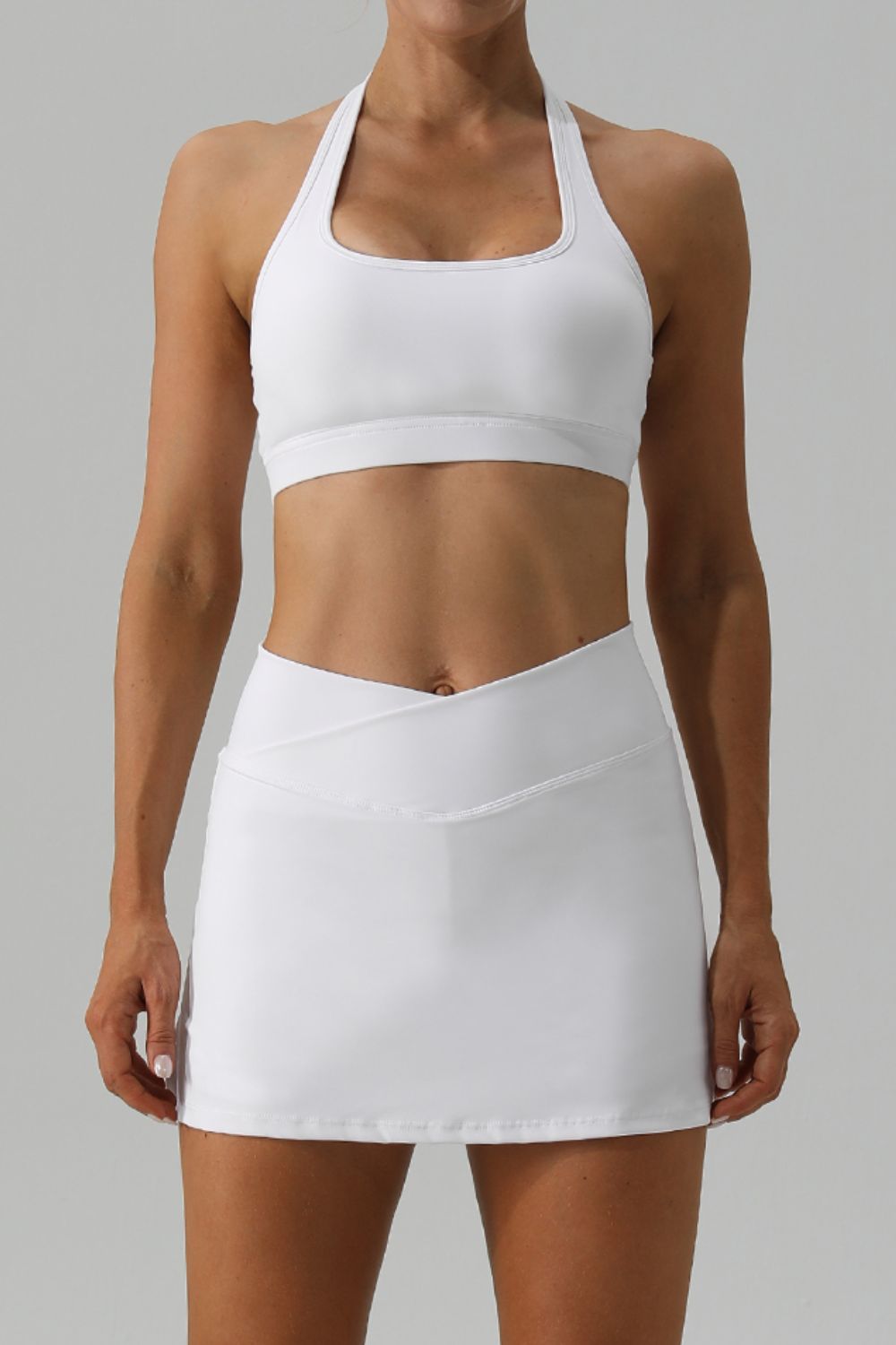 Halter Neck Tank and Slit Skirt Active Set White