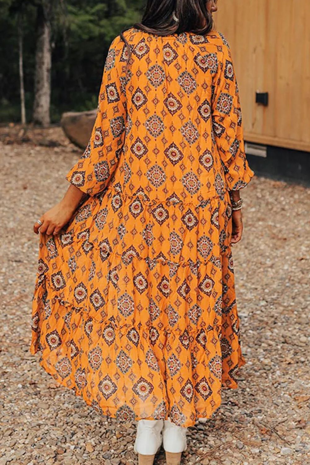 Frill Printed Tie Neck Long Sleeve Dress Orange