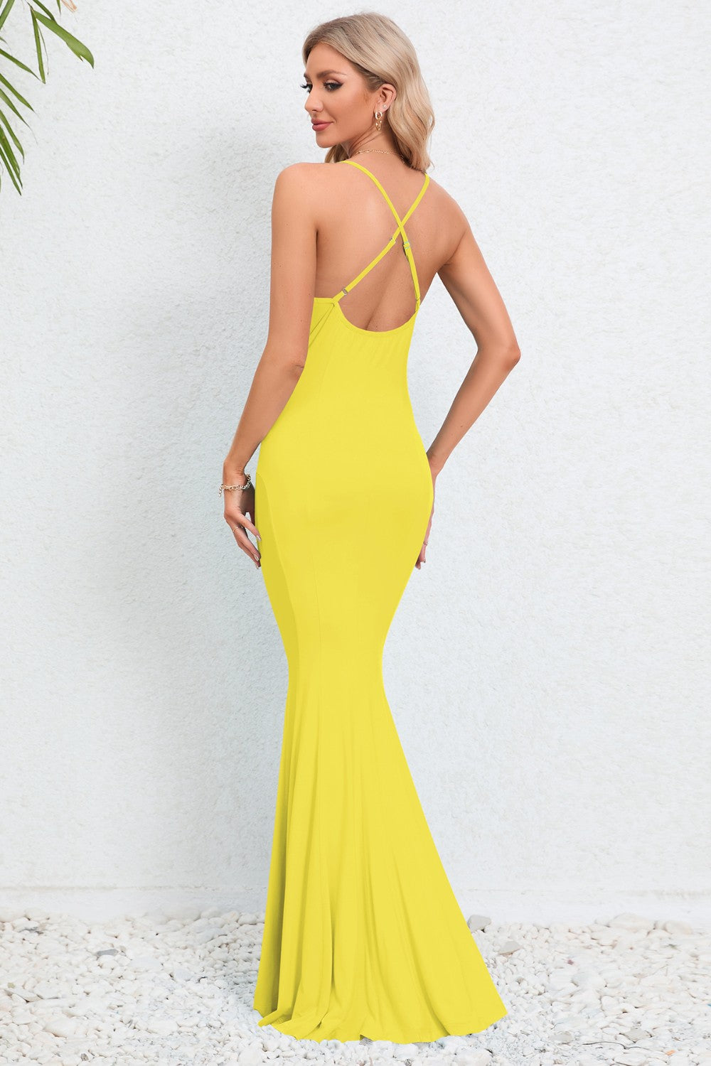 Crisscross Spaghetti Strap Fishtail Dress Yellow