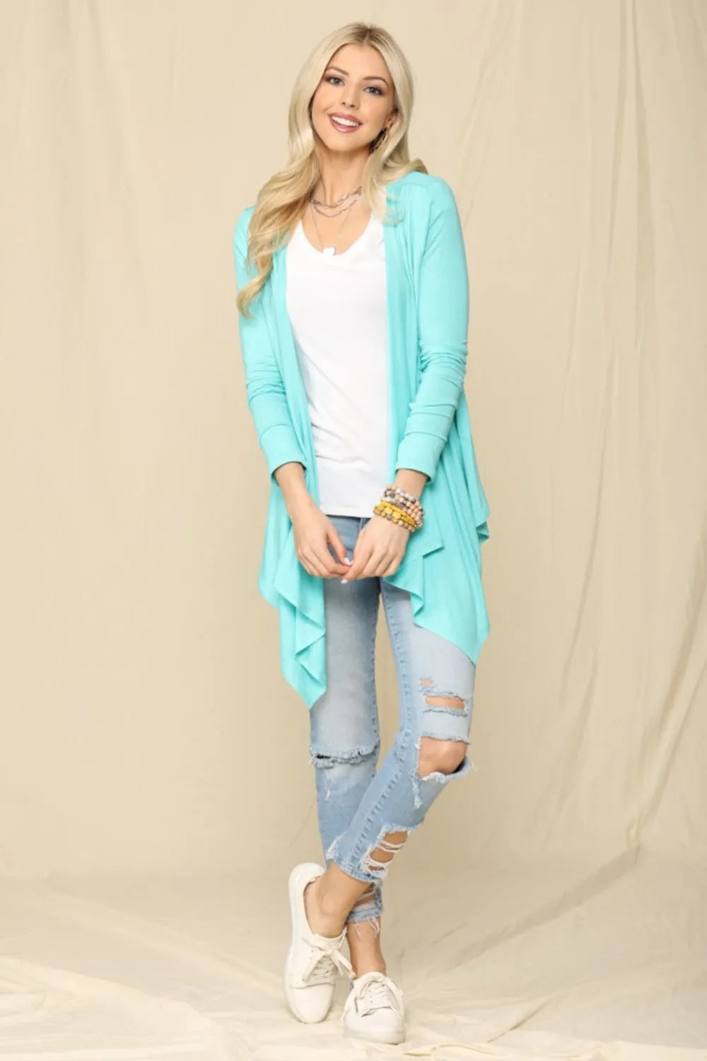 Celeste Full Size Open Front Knit Cardigan Mint