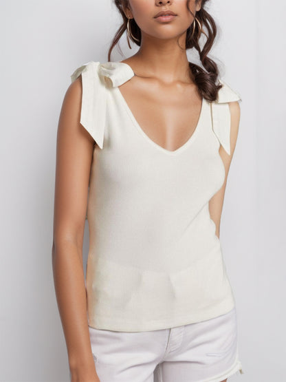 V-Neck Tie Shoulder Tank White