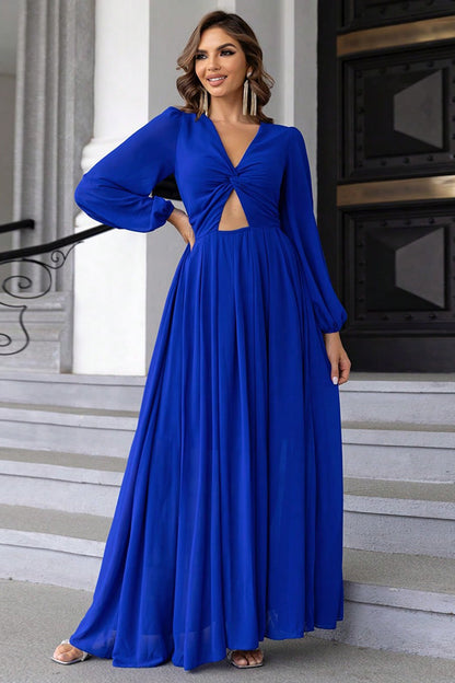 Twist Front Cutout Long Sleeve Dress Royal Blue