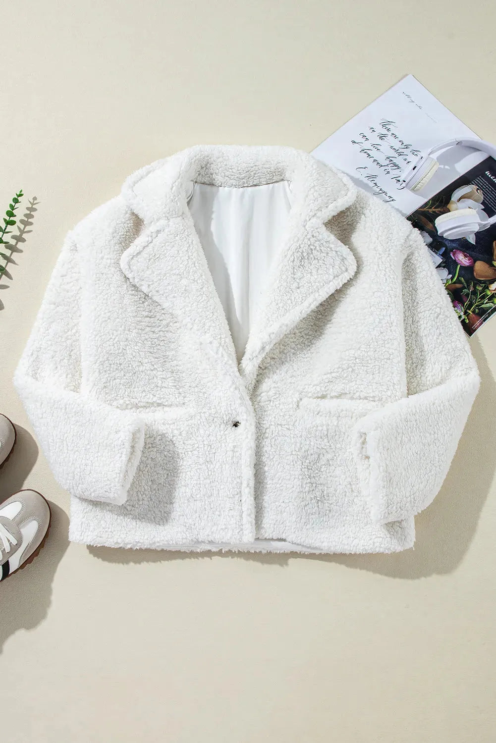 Fuzzy One Button Long Sleeve Jacket White