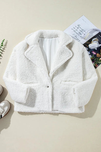 Fuzzy One Button Long Sleeve Jacket White